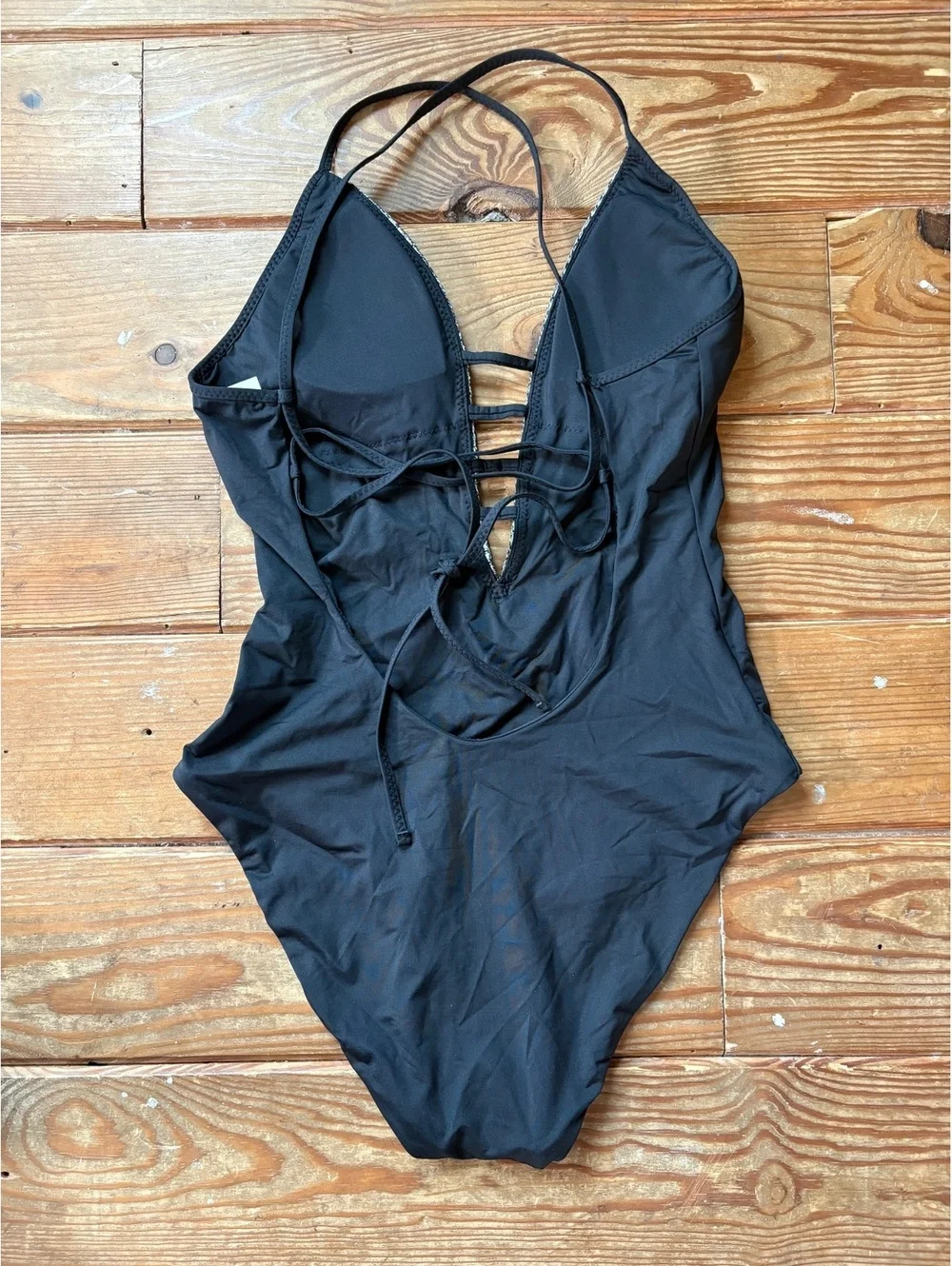 BECCA by Rebecca Virtue Black Embroidered Plunge One Piece Swimsuit M NWOT